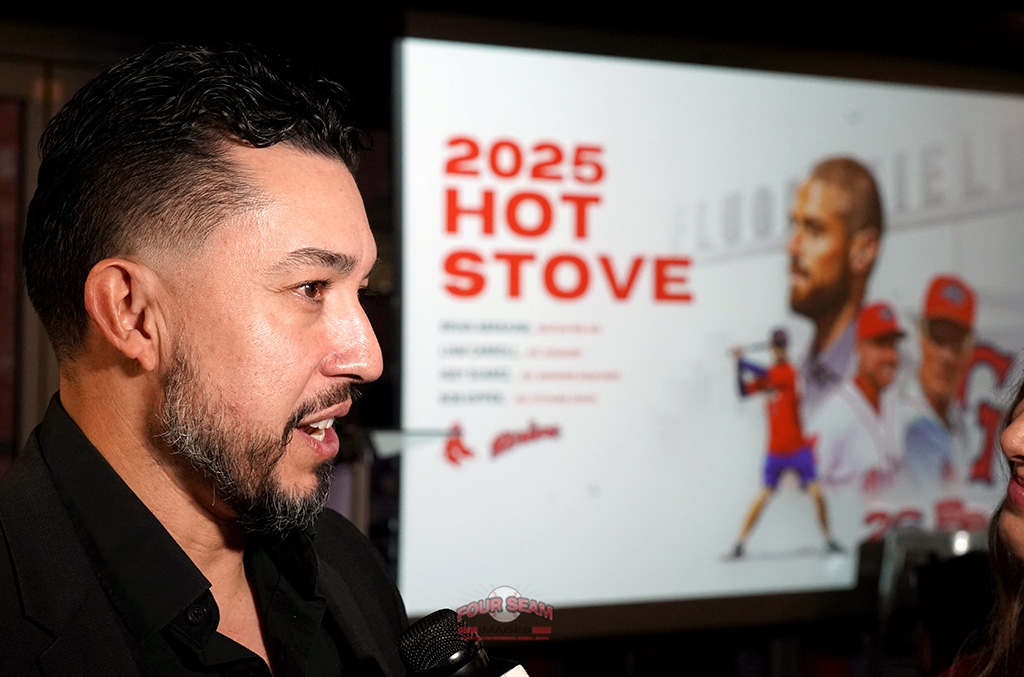 Former Greenville Drive manager Iggy Suarez is interviewed by a TV crew at the annual Hot Stove Event on Wednesday, January 22, 2025, at Fluor Field at the West End in Greenville, South Carolina. Suarez will be defensive coach in Worcester. (Tom Priddy/Four Seam Images)