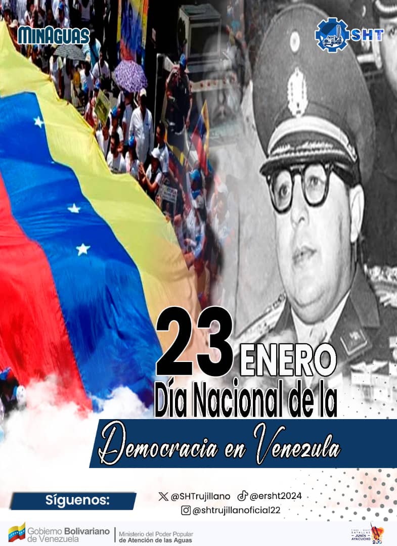 #23Enero

Hoy #23 Enero se conmemora el Día de la Democracia en Venezuela y desde la Empresa Regional Sistema Hidráulico Trujillano, S.A recordamos que tal día como hoy, en el año 1958 se derrocó la tiranía y dictadura del Gral. Marcos Pérez Jiménez 

#MinAguas