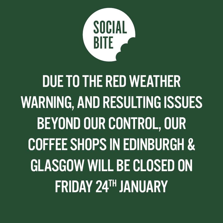 WEATHER WARNING CLOSURES⚠️ 
Due to issues beyond our control, our coffee shops in Edinburgh &amp; Glasgow will be closed tomorrow (Friday), including for free food. If you're homeless and need advice, please call Simon Community's helplines: Gla 0800 027 7466 &amp; Edb 0808 178 2323