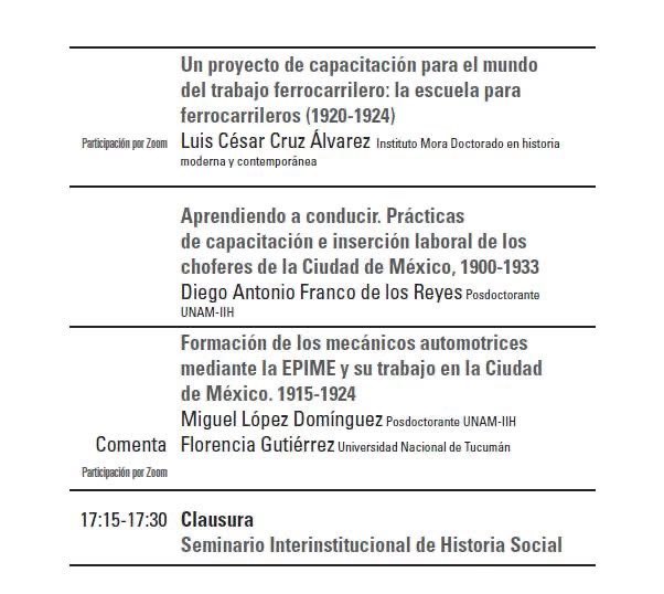 _ALIHS's tweet photo. 📢[Coloquio] CAPACITACIÓN PARA EL TRABAJO EN MÉXICO, SIGLOS XIX Y XX: Historias de la formación de obreros, artesanos, servidores y técnicos

Coordinación: María Dolores Lorenzo Río y Miguel López Dominguez

📆 20/febrero/25

⏰11 a 17:30 h

📍Salón de Actos https://t.co/I4QpWr6JIx
