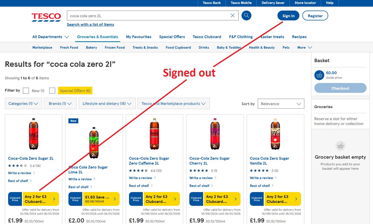 ellybabes's tweet photo. Hi @Tesco Why am I seeing more expensive prices when logged in? Signed out, you show that Coca-Cola Zero 2L is supposed to be on Clubcard price of 2 for £3, but when I sign into my account it's full price with no clubcard discount? https://t.co/V56ypy1Nn2