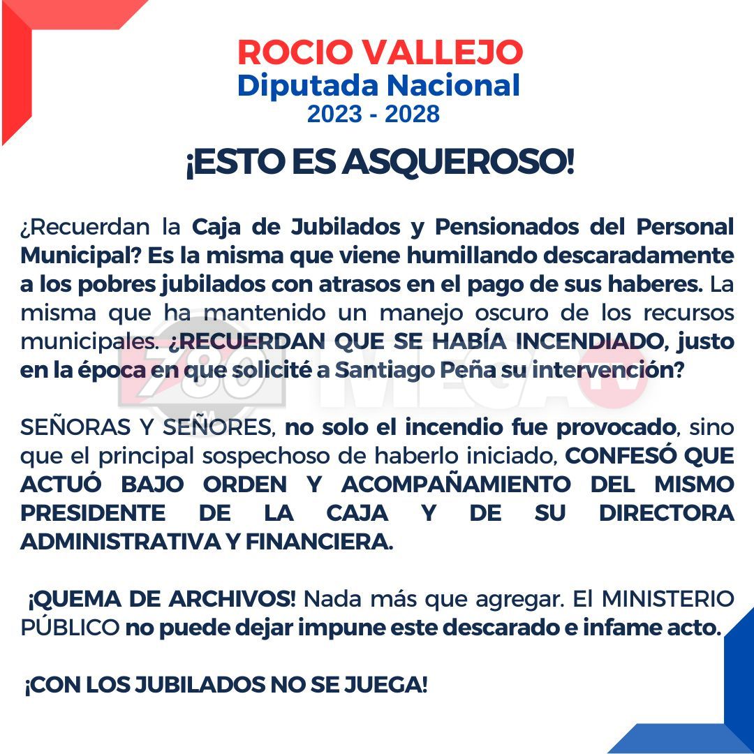 🚨FUERTE COMUNICADO| Incendio en Caja de Jubilaciones Municipales fue ordenado por el titular de la entidad

📄A través de un comunicado, la diputada  <a href="/RocioVallejoA/">Rocio Vallejo</a> denuncia que el principal sospechoso del incendio de la Caja de Jubilados Municipales confesó que actuó bajo orden