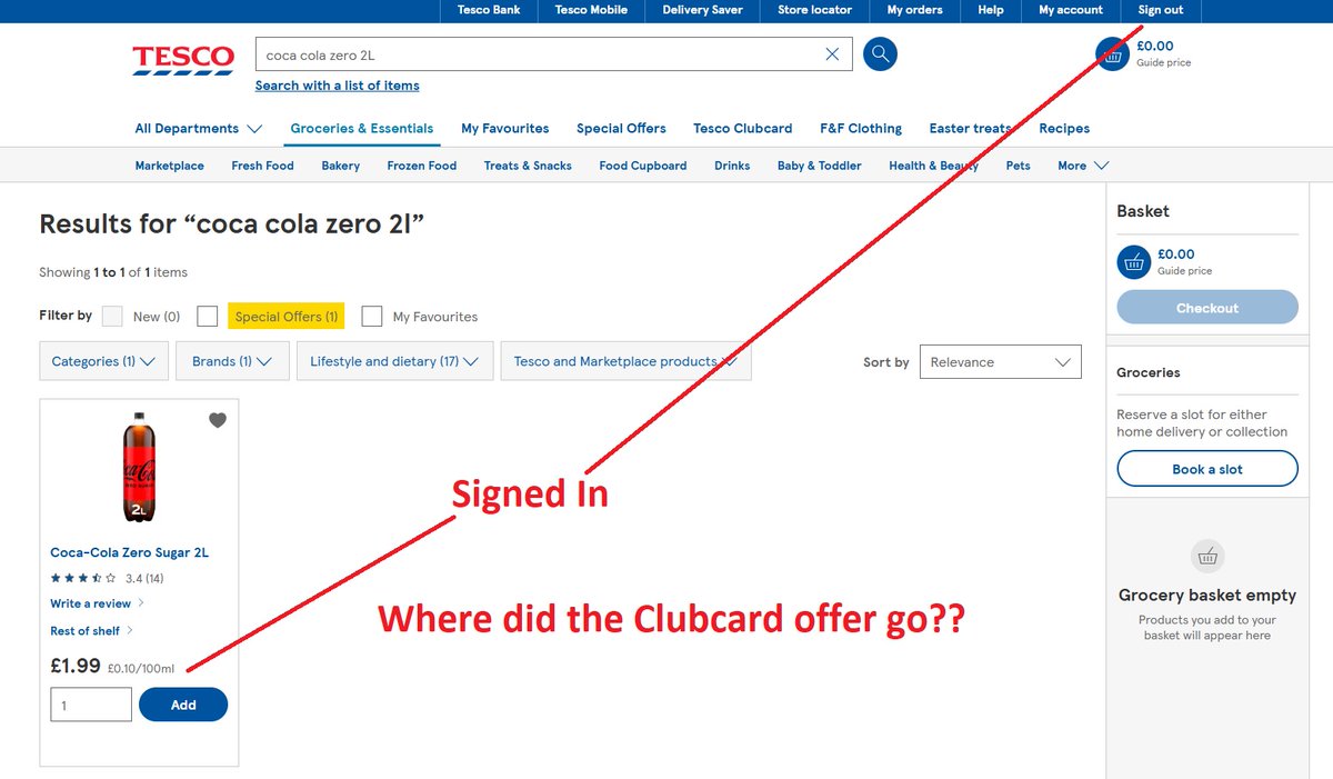 ellybabes's tweet photo. Hi @Tesco Why am I seeing more expensive prices when logged in? Signed out, you show that Coca-Cola Zero 2L is supposed to be on Clubcard price of 2 for £3, but when I sign into my account it's full price with no clubcard discount? https://t.co/V56ypy1Nn2