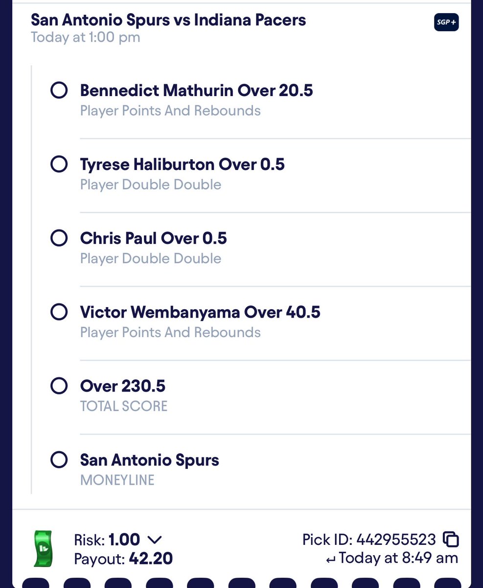SpencersProps's tweet photo. 🇫🇷🏀Spurs vs Pacers🏀🇫🇷 

Loving the value here👀🚨 https://t.co/UTBVvC9hOh