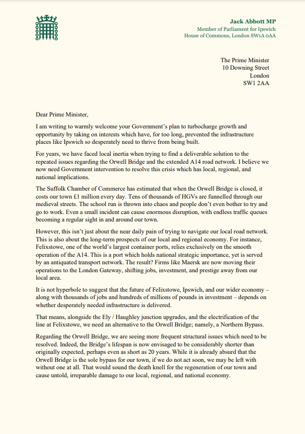 jackabbott90's tweet image. Years of inertia re. the Orwell Bridge and a Northern Bypass is hurting Ipswich and Suffolk.

That's why I'm urging the Government to elevate it out of the local political quagmire, and give it the attention it deserves by designating it as nationally significant infrastructure.