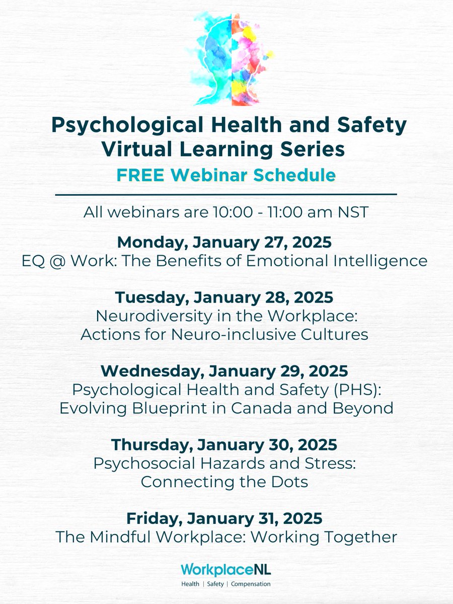 WorkplaceNL's tweet photo. Join us January 27-31 for the Psychological Health and Safety Virtual Learning Series. Check out our schedule for FREE webinars devoted to raising awareness of psychological health and safety in the workplace.

Register to secure your spot today!
https://t.co/BuWc2xDzSv https://t.co/z0yfwNEIEH