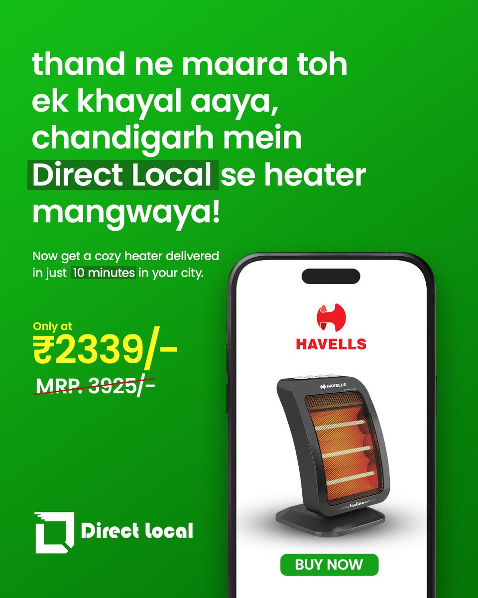 directlocalnow's tweet photo. Stay cozy this winter! ❄️ Get a heater delivered to your doorstep in just 10 minutes ⏲️ Only in Chandigarh! 🔥🚀Download the Direct Local app now!

#DirectLocal #ChandigarhDiWinter #QuickDelivery #StayWarm #SupportLocal https://t.co/u3mZVMVUNp