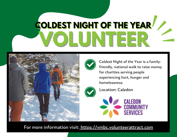 Coldest Night of the Year is a family-friendly national walk to raise money for charities! Become a volunteer to assist in this event!🚶‍♀️🚶‍♂️
  
Link- vmbc.volunteerattract.com/report.php?Lis…