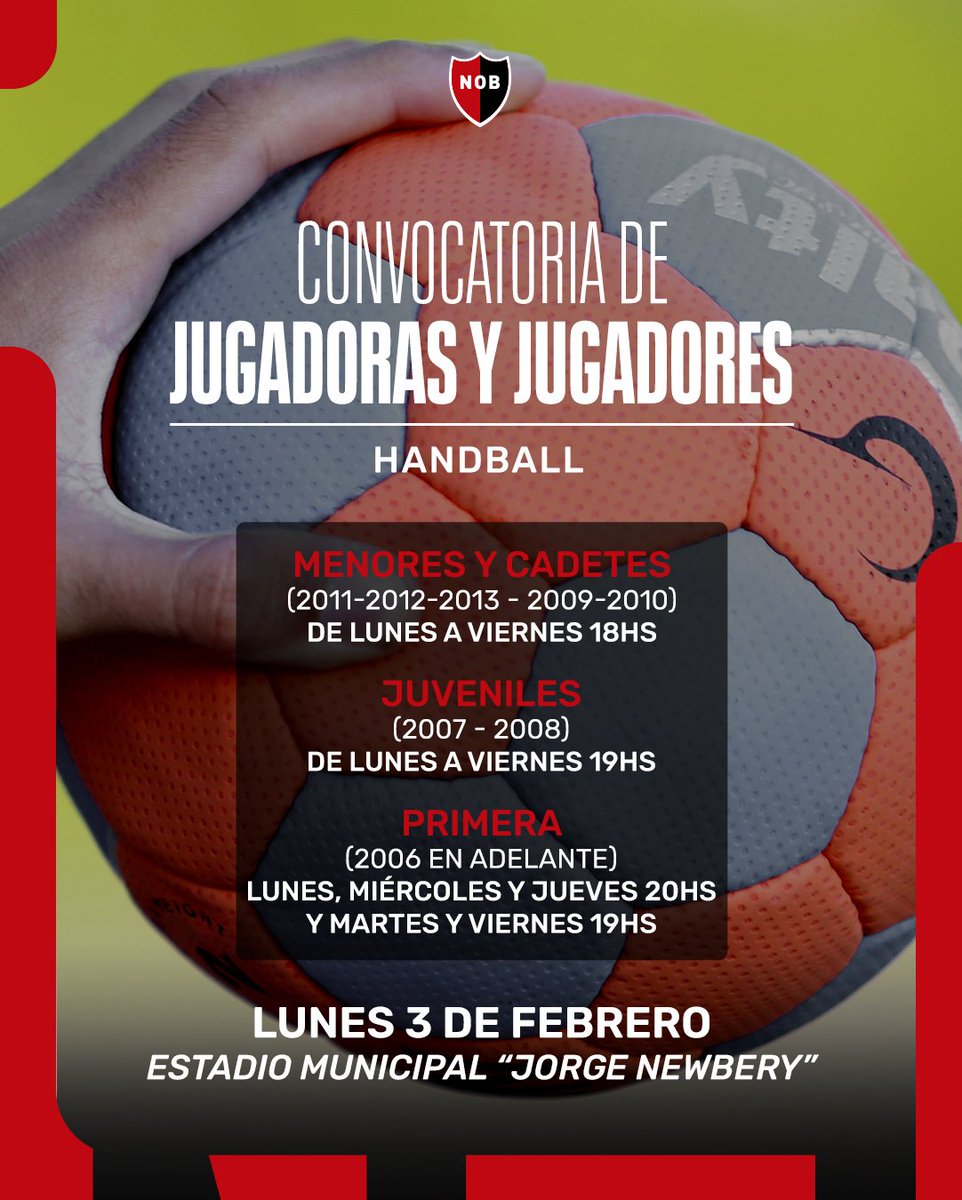 ¡Sumate al handball leproso! 🤾🏽‍♂️

Desde el lunes 3 de febrero, entrenamientos en el Estadio Municipal "Jorge Newbery" para todas las categorías.

Más información contactarse al 📲 341 347 9061