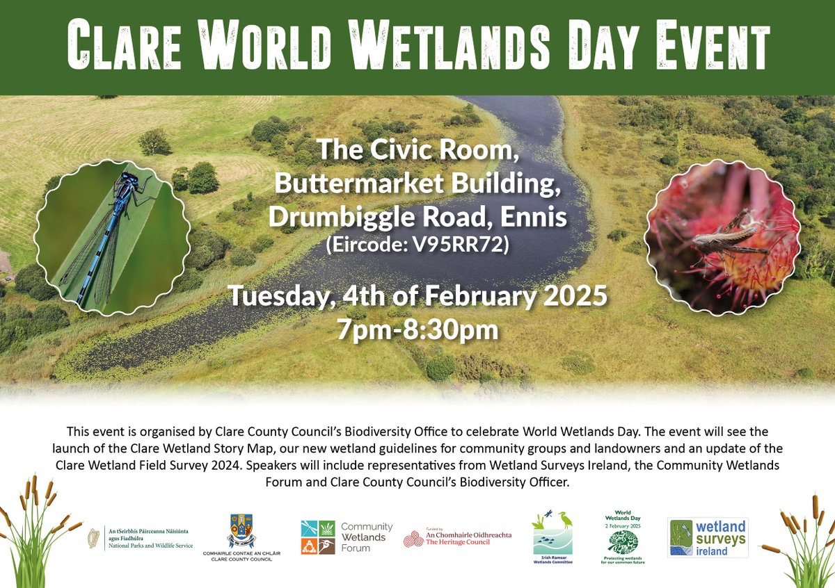 Clare County Council's Biodiversity Office has organised an event to celebrate World Wetlands Day for the 4th of February 2025. The event will see the launch of the new Clare Wetland Story Map, new wetland guidelines for community groups and an update on Clare Wetland Survey 2024
