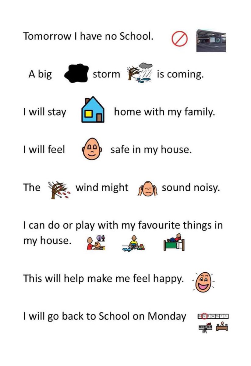📢 Storm Alert: A storm is expected tomorrow, and schools will be closed for the safety of everyone.

For families supporting children with ASN, here's a helpful visual to explain the changes and reassure them about staying safe at home. 🏠

#ASN #StormSafety #InclusiveSupport