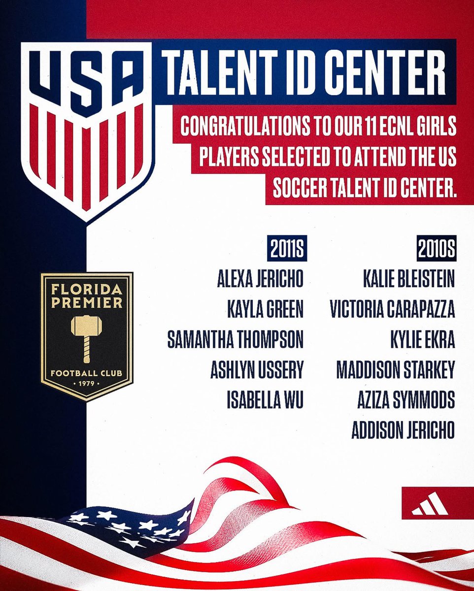𝓢𝓮𝓵𝓮𝓬𝓽𝓮𝓭: Congratulations to our 1️⃣1️⃣ <a href="/ECNLgirls/">ECNL Girls</a> players on being selected to attend the <a href="/ussoccer/">U.S. Soccer</a> Talent ID Center being held Feb 5th in Bradenton, Fl 🏝️! 
••
