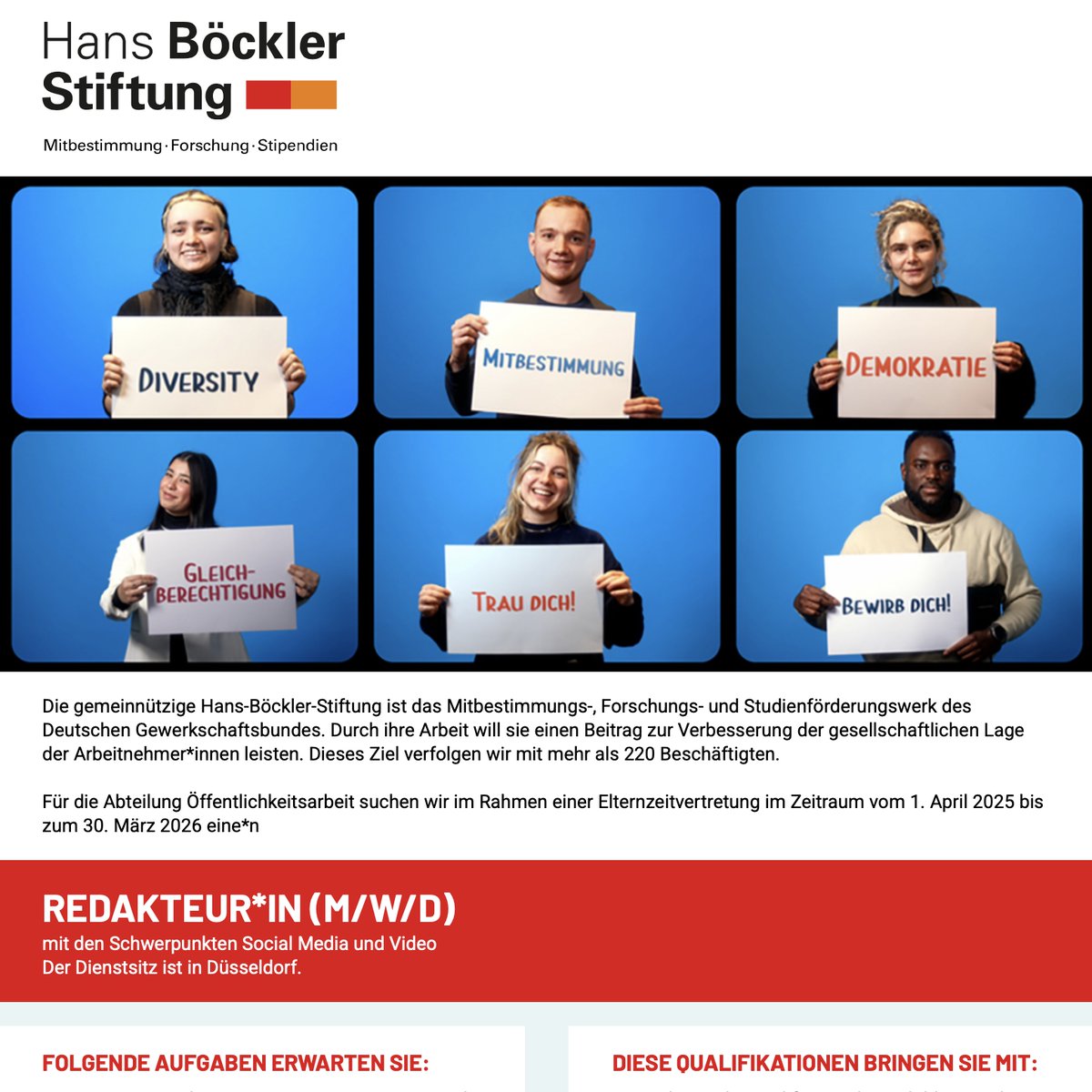 KULTweet (@tweet_kul) on Twitter photo 📣 Hans-Böckler-Stiftungsucht Redakteur*in (m/w/d) mit den Schwerpunkten #Social #Media und #Video | #Düsseldorf
📅 Frist: 12.02.2025
➡️anzeigen.mediaintown.de/templates/job/…
#Job #Stellenausschreibung
#PR #Journalistik #Publizistik #Medien #Mediendesign #Kommunikation <a href="/boeckler_de/">Hans-Böckler-Stiftung</a> 📣 Hans-Böckler-Stiftungsucht Redakteur*in (m/w/d) mit den Schwerpunkten #Social #Media und #Video | #Düsseldorf
📅 Frist: 12.02.2025
➡️anzeigen.mediaintown.de/templates/job/…
#Job #Stellenausschreibung
#PR #Journalistik #Publizistik #Medien #Mediendesign #Kommunikation <a href="/boeckler_de/">Hans-Böckler-Stiftung</a>