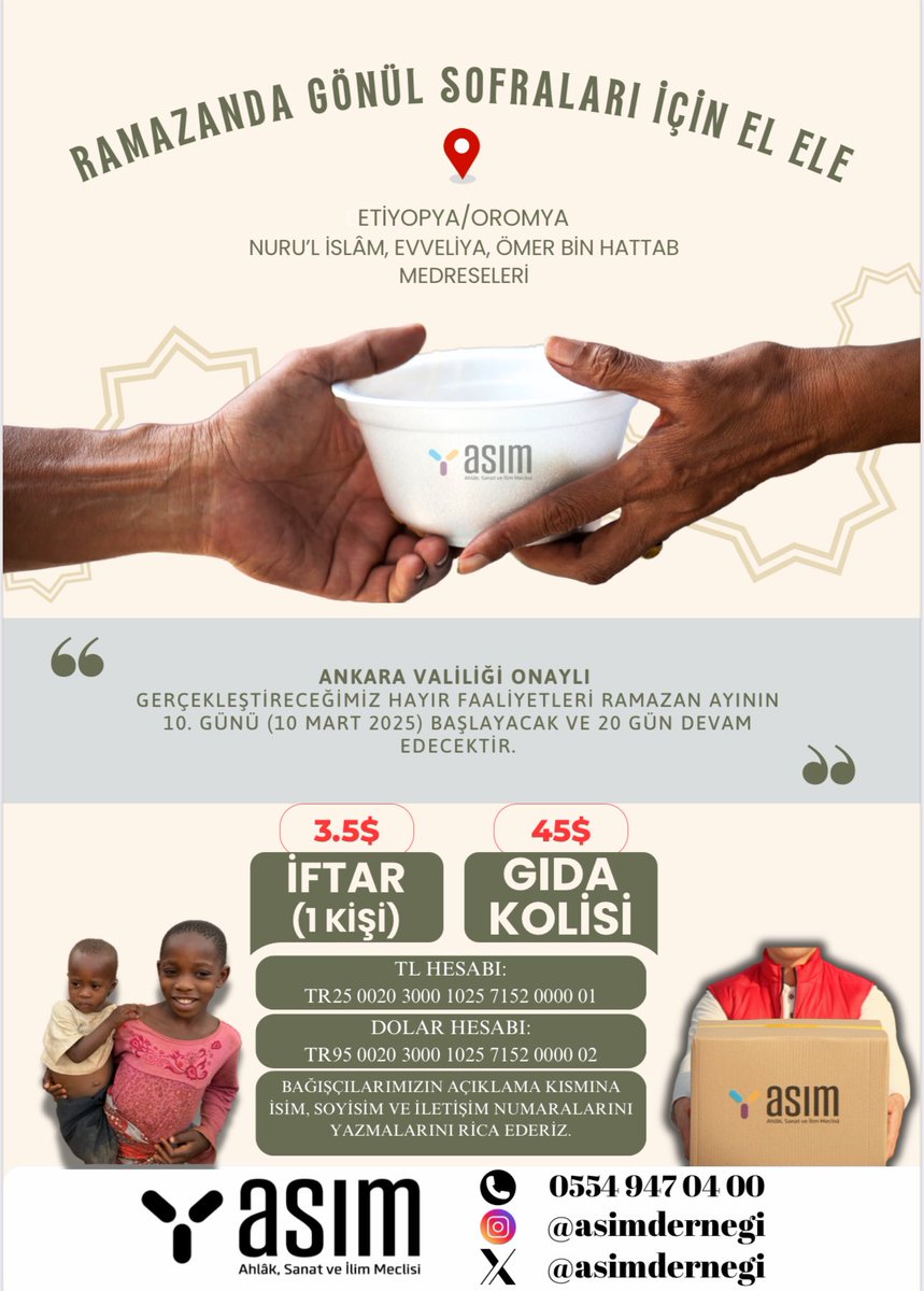 Ramazanda gönün sofraları için el ele ….
İftar 1 kişi 3,5$ , Gıda Kolisi 45$ <a href="/sezermkarakus/">Sezer Mert Karakuş - أبو أليف</a>