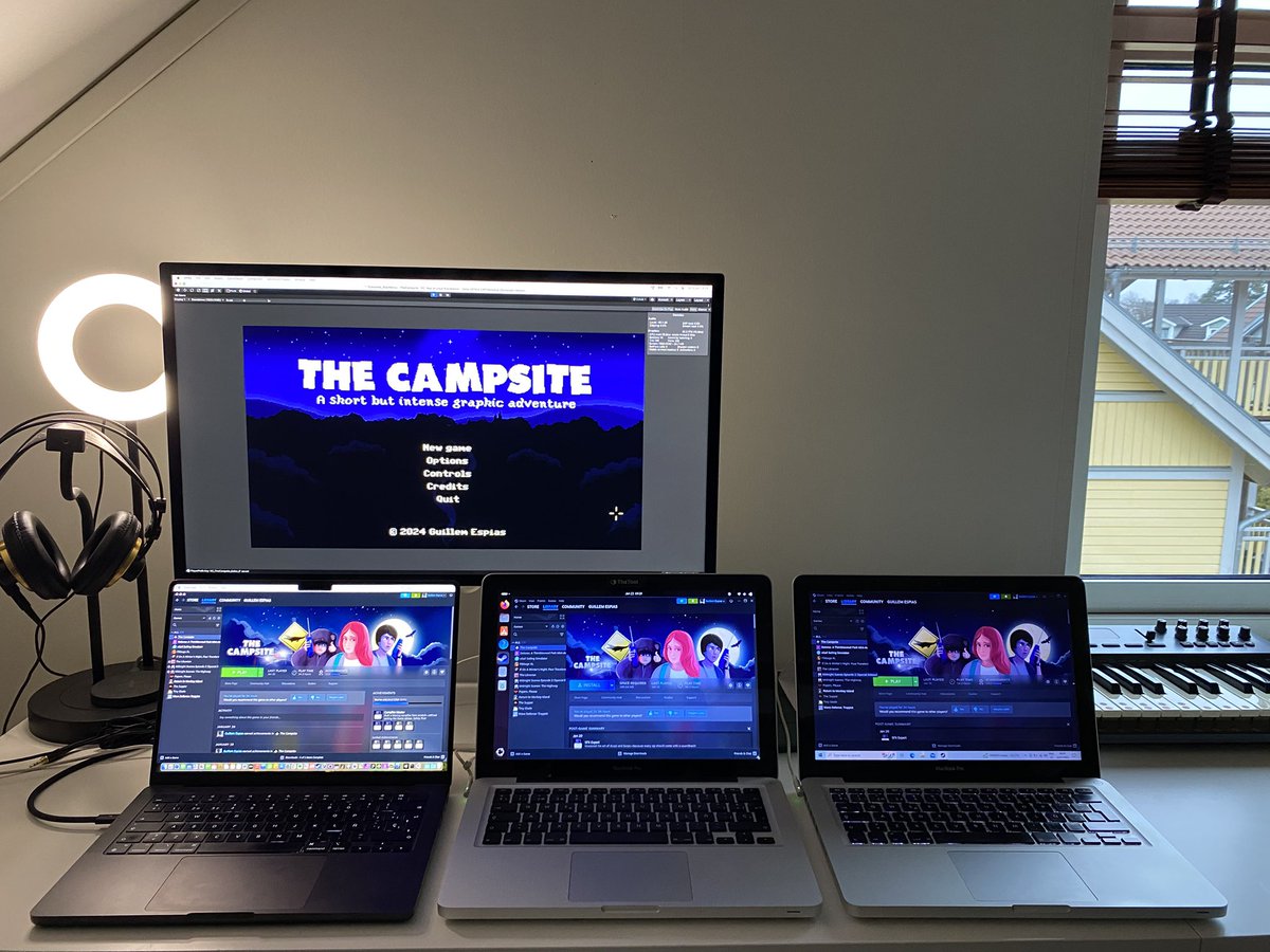 The Campsite is already working on Steam for macOS, Windows, and Linux, with both achievements and Steam Cloud working smoothly + 🇪🇸.  The release is just around the corner!

🏕️👉 store.steampowered.com/app/3335060/Th…

#pointandclick #steam #solodev