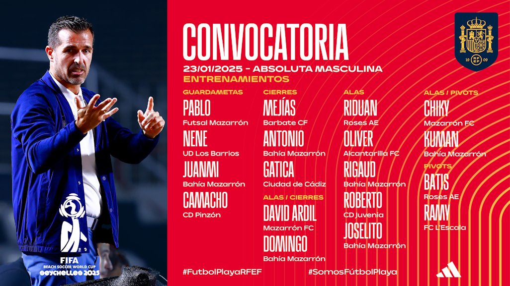 🔴 OFICIAL | Convocatoria de la <a href="/SEFutbol/">Selección Española Masculina de Fútbol</a> Playa para los primeros entrenamientos de la temporada

📆 Del 28 al 31 de enero
🏟 Ciudad Deportiva <a href="/RFAF/">RFAF</a>
📍 Málaga

ℹ️ Tienes toda la información en rfef.es/es/noticias/la…

#FútbolPlayaRFEF ⚽️🏖