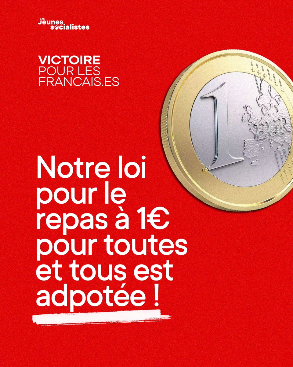 VICTOIRE ! ✊

La proposition de loi de <a href="/KelouaF/">Fatiha Keloua Hachi</a> pour le repas Crous à 1€ pour toutes et tous est adoptée ! 🎉

#LoisSOC #Repas1euro