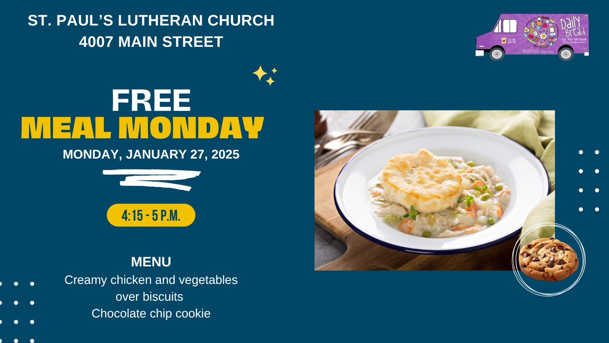 Today a FREE meal is available at St. Pau's Lutheran Church on Main Street from 4:15 - 5 p.m. Stop by, all are welcome.