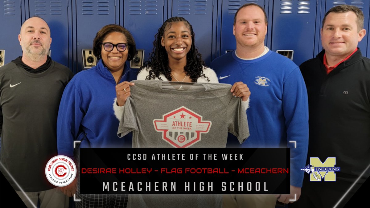 Athletics - Cobb County School District (@ccsd_ad) on Twitter photo Congrats to Desirae Holley of <a href="/McEachernSports/">McEachern HS Athletics</a> <a href="/mceachernflag/">McEachern Girls Flag Football</a> for being named the <a href="/CobbSchools/">Cobb County Schools</a> female athlete of the week for last week! She had a huge game helping the Indians win state! Thanks to <a href="/BSNSPORTS_GA/">BSN SPORTS Georgia</a> for their support of this recognition. <a href="/cobb_sports/">Cobb Sports</a> Congrats to Desirae Holley of <a href="/McEachernSports/">McEachern HS Athletics</a> <a href="/mceachernflag/">McEachern Girls Flag Football</a> for being named the <a href="/CobbSchools/">Cobb County Schools</a> female athlete of the week for last week! She had a huge game helping the Indians win state! Thanks to <a href="/BSNSPORTS_GA/">BSN SPORTS Georgia</a> for their support of this recognition. <a href="/cobb_sports/">Cobb Sports</a>