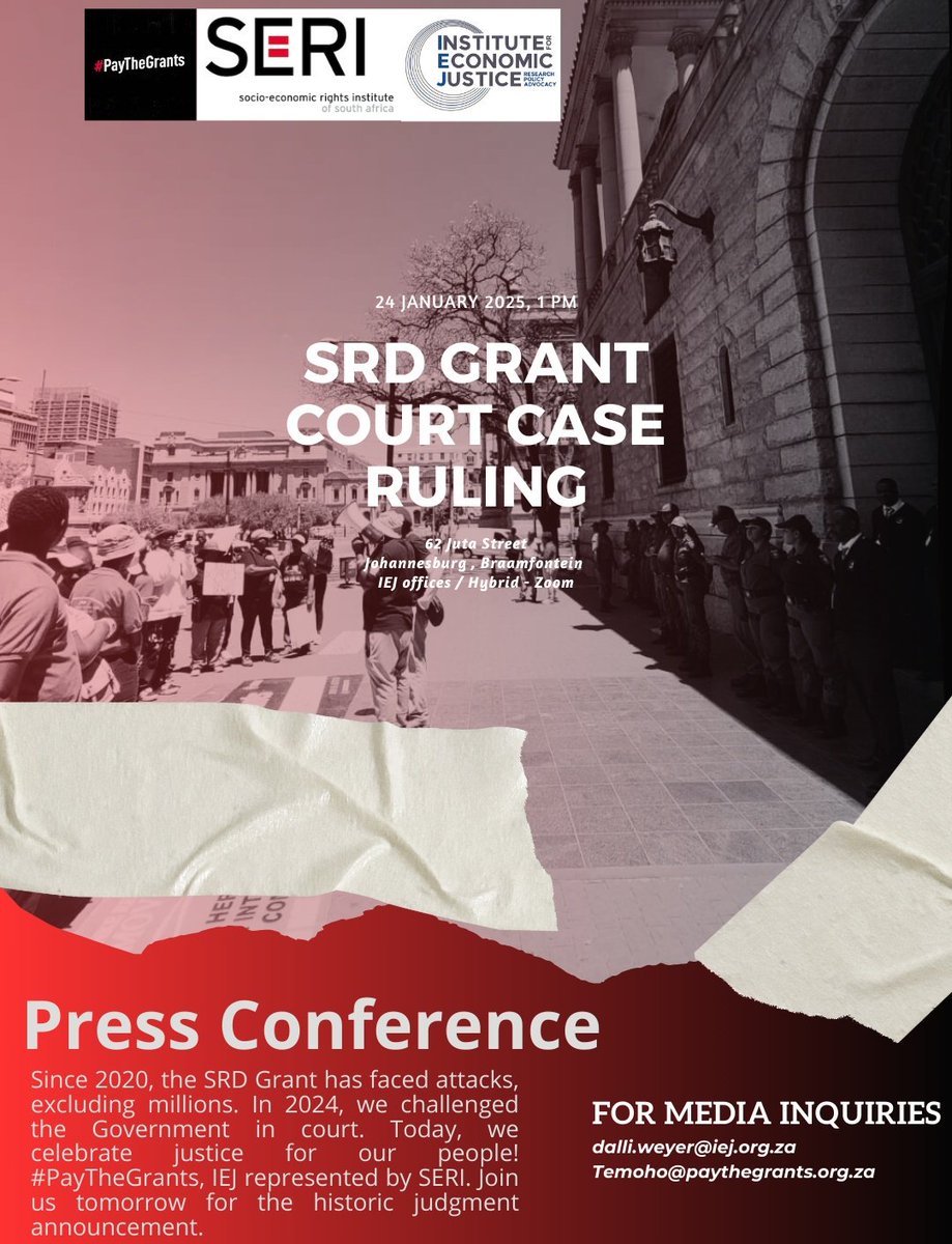 PayTheGrants's tweet photo. Historic Judgment Announcement!

The SRD Grant has faced attacks, excluding millions. In 2024, the #PTG movement, represented by IEJ and SERI, challenged the Government in court. Today, we celebrate justice for our people! Join us tomorrow https://t.co/W411293884