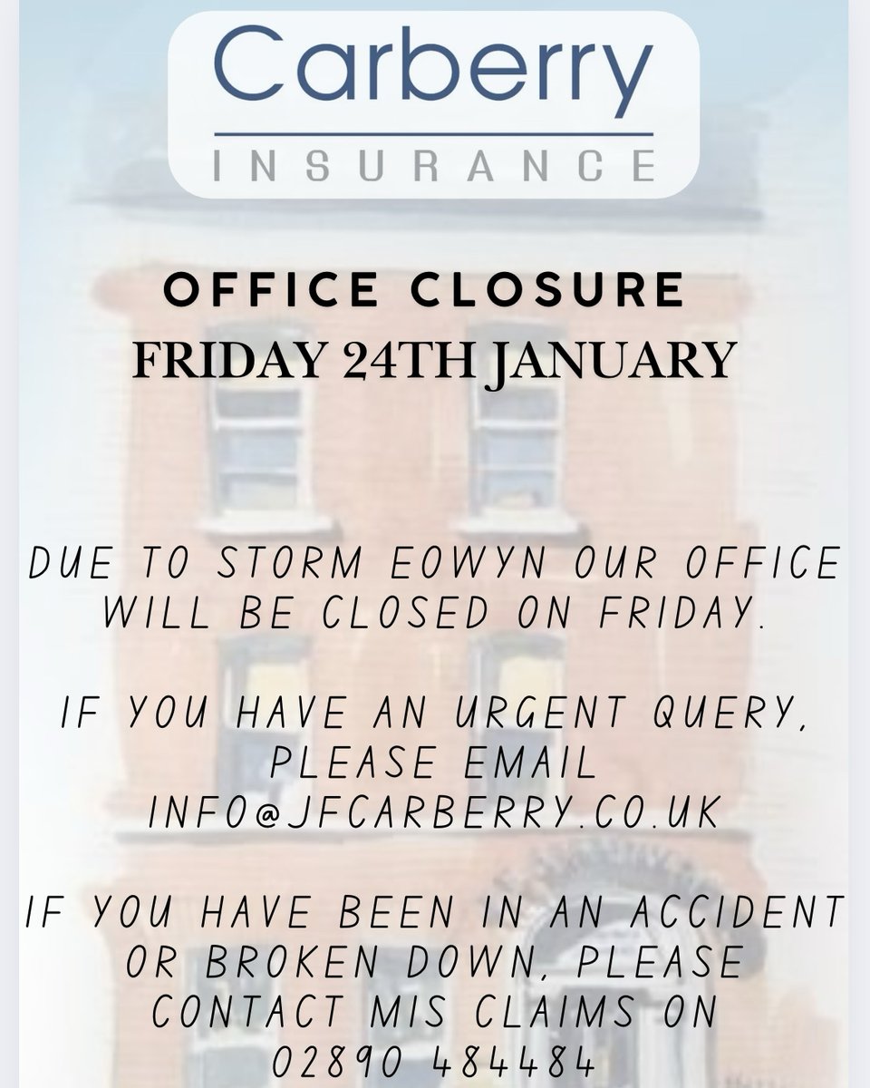 For the Safety of our Staff and Customers, we have taken the decision to close our office tomorrow. 

If you have an urgent query, please email info@jfcarberry.co.uk

If you have been in an accident or broken down, please contact MIS Claims on
02890 484484.