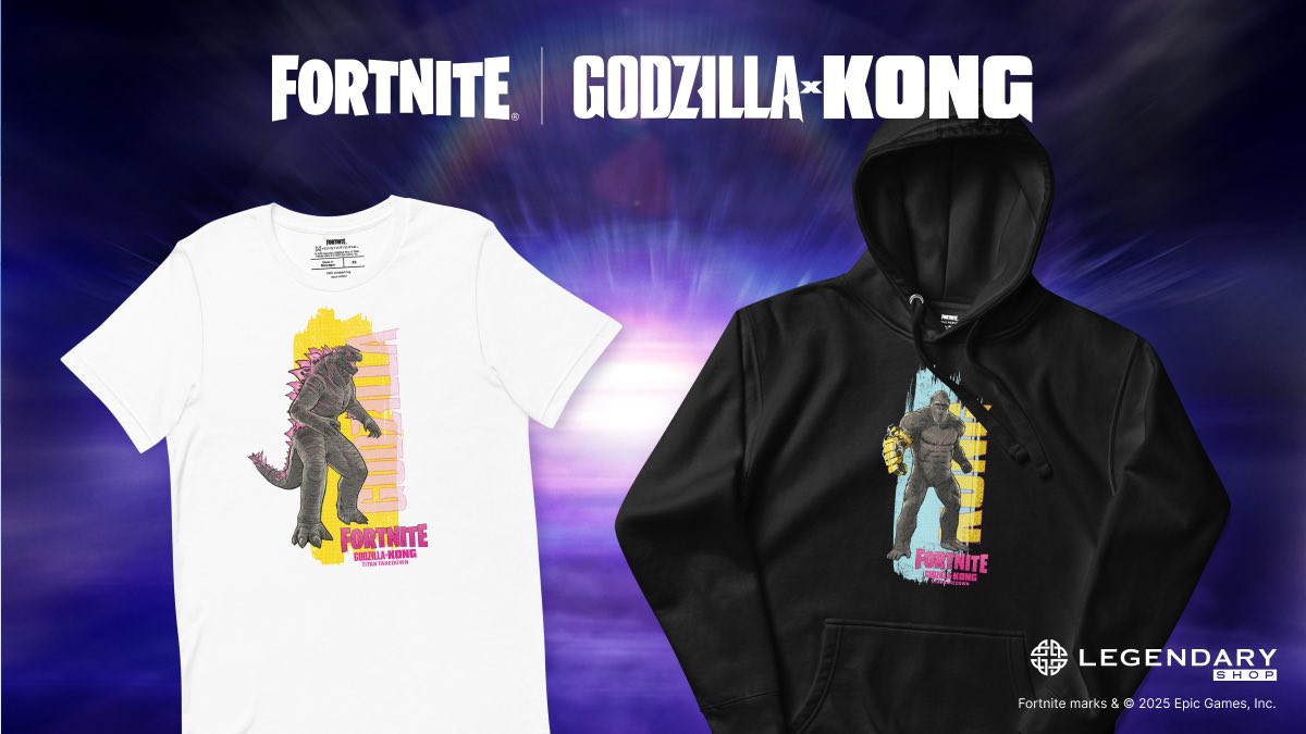 Monsterverse's tweet image. The Titan Takeover has begun! 

Celebrate Godzilla and Kong’s arrival in Fortnite with this new apparel drop! bit.ly/4jdFYix