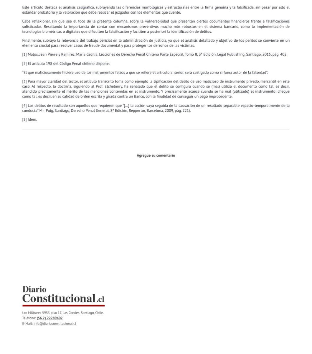 Daniel Hasson Kalkstein (@danihasson) on Twitter photo Comparto columna publicada en el <a href="/DiarioConst/">DiarioConstitucional</a> sobre el rol y los desafíos del litigante ante el peritaje caligráfico en la investigación penal, destacando la relevancia del análisis técnico en el desarrollo de investigaciones y juicios
Disponible en: diarioconstitucional.cl/articulos/inve… Comparto columna publicada en el <a href="/DiarioConst/">DiarioConstitucional</a> sobre el rol y los desafíos del litigante ante el peritaje caligráfico en la investigación penal, destacando la relevancia del análisis técnico en el desarrollo de investigaciones y juicios
Disponible en: diarioconstitucional.cl/articulos/inve…