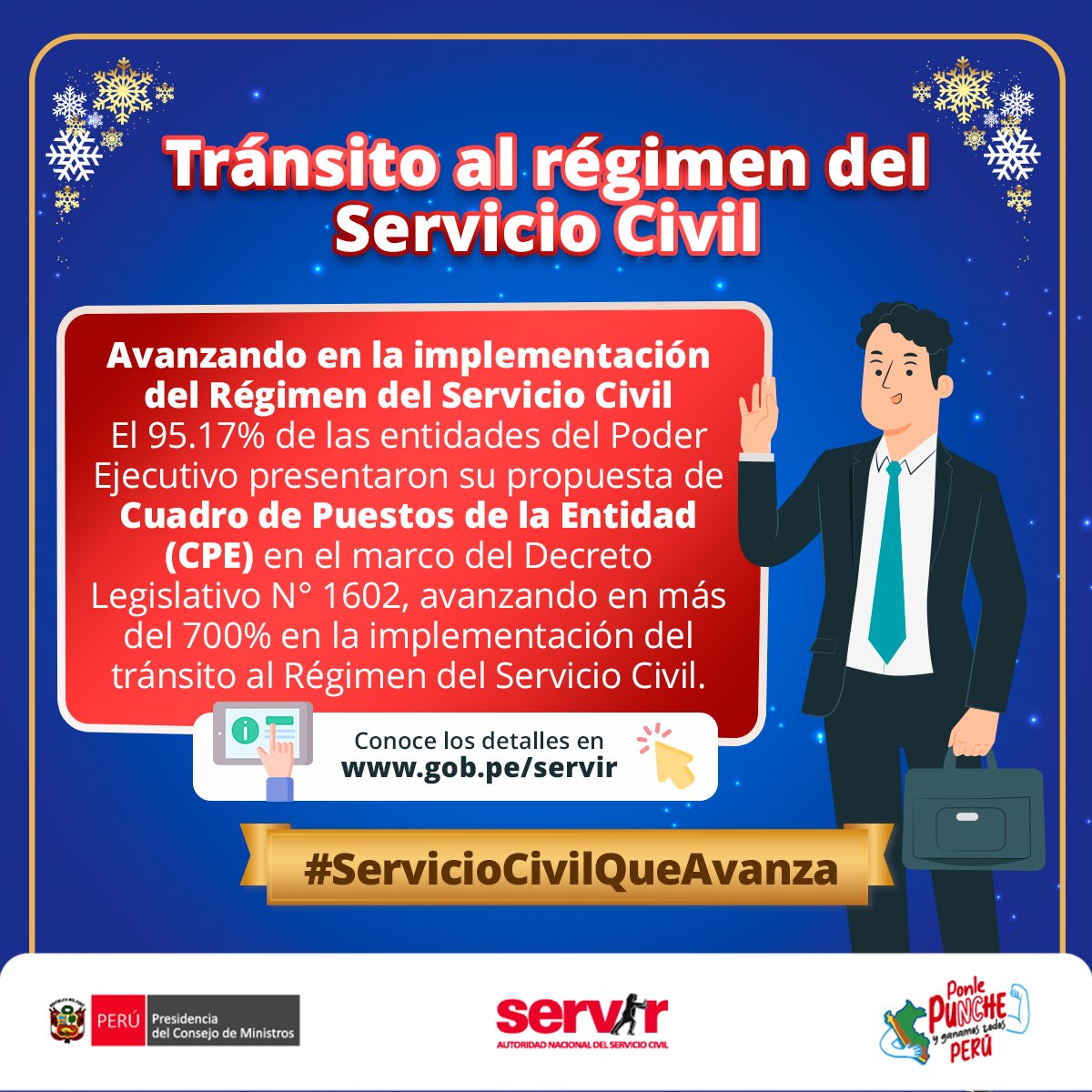 SERVIR_PERU's tweet photo. 🌟 ¡Te presentamos uno de nuestros #Logros2024! 🌟
Te contamos que el 95.17% de entidades del Poder Ejecutivo presentaron el Cuadro de Puestos de la Entidad (CPE), bajo la asistencia técnica de SERVIR. 🙋🏽‍♀️🙋🏾‍♂️🙋🏻‍♀️

#ServicioCivilQueAvanza #ReformaDelServicioCivil #ParaServirMejor https://t.co/K0MAg7s0cY