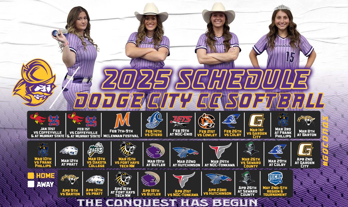 🥎Softball | #GoConqs

<a href="/GoConqsSB/">Dodge City CC Softball</a> is ready to get into the swing of things for 2025 season...here's a look at their schedule 

Season opens up on January 31st #BurnTheBoats