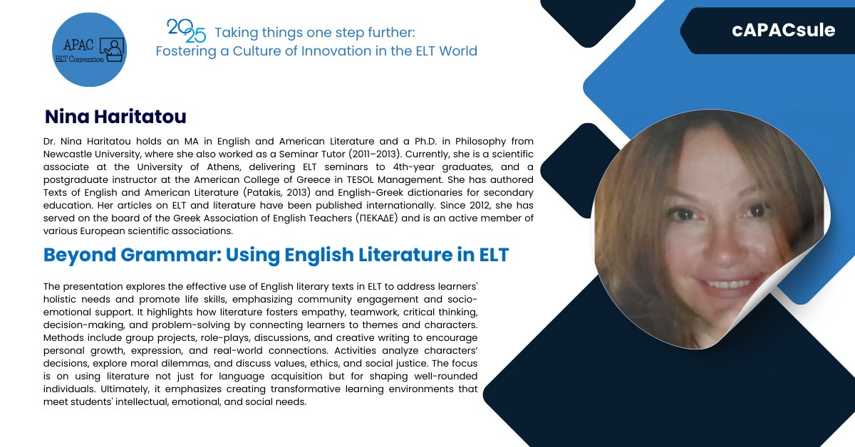 Let’s go beyond language learning and create dynamic, transformative classrooms that shape well-rounded individuals ready to engage meaningfully with their communities. 💡

📅 Don’t miss this opportunity to bring English literature to life in your ELT classroom! #APAC25