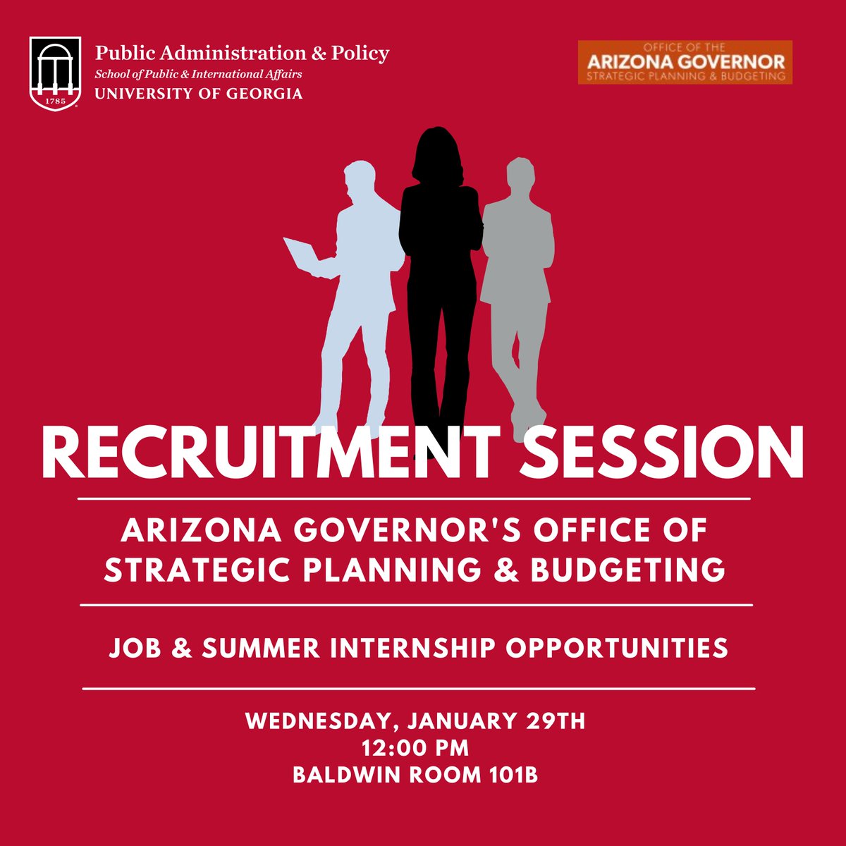 ugapadp's tweet image. The Arizona Governor’s Office of Strategic Planning &amp;amp; Budgeting (OSPB) will be visiting next week to recruit for full-time jobs and summer internships!
 Register here: docs.google.com/forms/d/1i_MN3…
#UGASPIA #CommitTo #PublicService