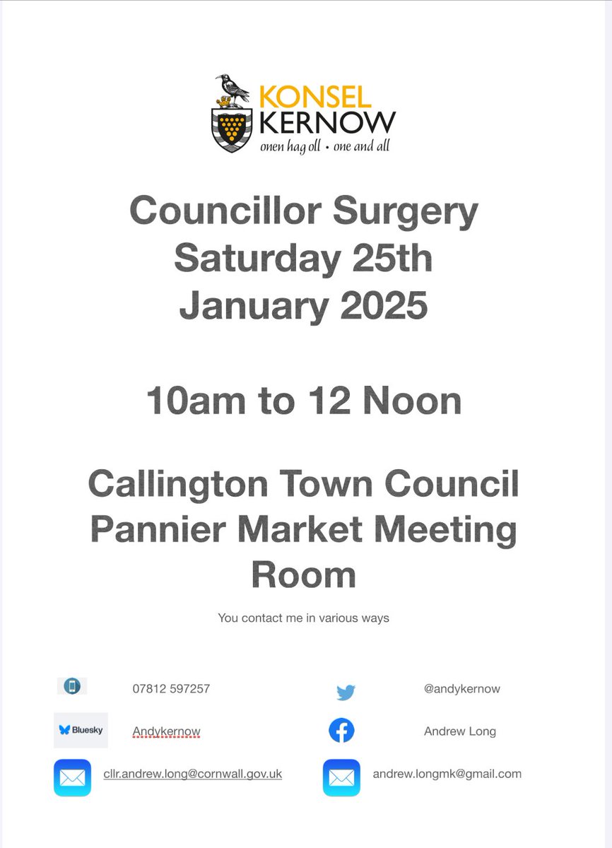 This Saturday I am holding another <a href="/MebyonKernow/">The Party for Cornwall</a> Cllr Surgery at the <a href="/CallingtonTC/">Callington TC</a> Pannier Market from 10am to 12 Noon <a href="/CornwallCouncil/">@cornwallcouncil</a>
