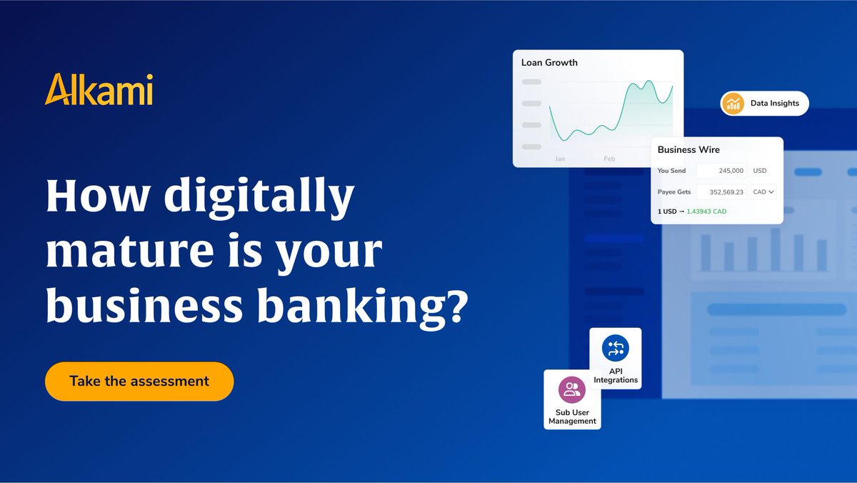 alkamitech's tweet photo. #TechFin - 🚀 We’re excited to introduce the 𝐟𝐢𝐫𝐬𝐭-𝐭𝐨-𝐦𝐚𝐫𝐤𝐞𝐭 𝐁𝐮𝐬𝐢𝐧𝐞𝐬𝐬 𝐁𝐚𝐧𝐤𝐢𝐧𝐠 𝐃𝐢𝐠𝐢𝐭𝐚𝐥 𝐌𝐚𝐭𝐮𝐫𝐢𝐭𝐲 𝐀𝐬𝐬𝐞𝐬𝐬𝐦𝐞𝐧𝐭, an essential tool for financial institutions looking to evaluate and enhance their digital banking capabilities and operations.
 
🔎 This assessment empowers banks and credit unions to benchmark their business banking solutions against industry peers and highlights opportunities for growth along with actionable next steps. Get the insights you need to achieve the next phase of digital maturity 📈 , align with business demands, and accelerate your digital transformation. 

Ready to assess your business banking? 👉 https://t.co/pUqQuHuDTV

This assessment was built in partnership with the Emerald Research Group and financial services influencer 💯 @JimMarous.  

#DigitalBanking #BusinessBanking #DigitalTransformation #Innovation #FinancialInstitutions #BankingInnovation #Alkami