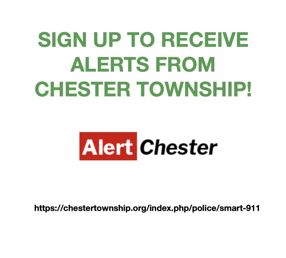 Sign up for 'Alert Chester' to receive important emergency notifications by text, phone call, or email. Text 'AlertChester' to 67283 or go to our website to sign up. It's easy to stay informed! chestertownship.org/index.php/poli…