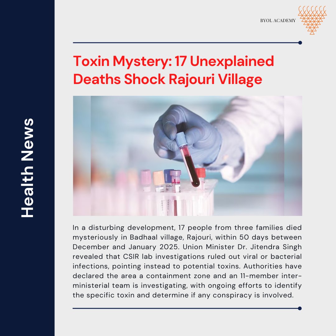 byolacademy's tweet photo. 🚨 Mysterious Deaths Shock Rajouri Village
17 lives lost in 50 days
3 families affected
CSIR lab finds potential TOXINS, not infections
Inter-ministerial team investigating
Stay alert, stay informed!
#RajouriMystery #ToxinAlert #IndiaNews #HealthInvestigation #UnsolvedMystery #NationalAlert