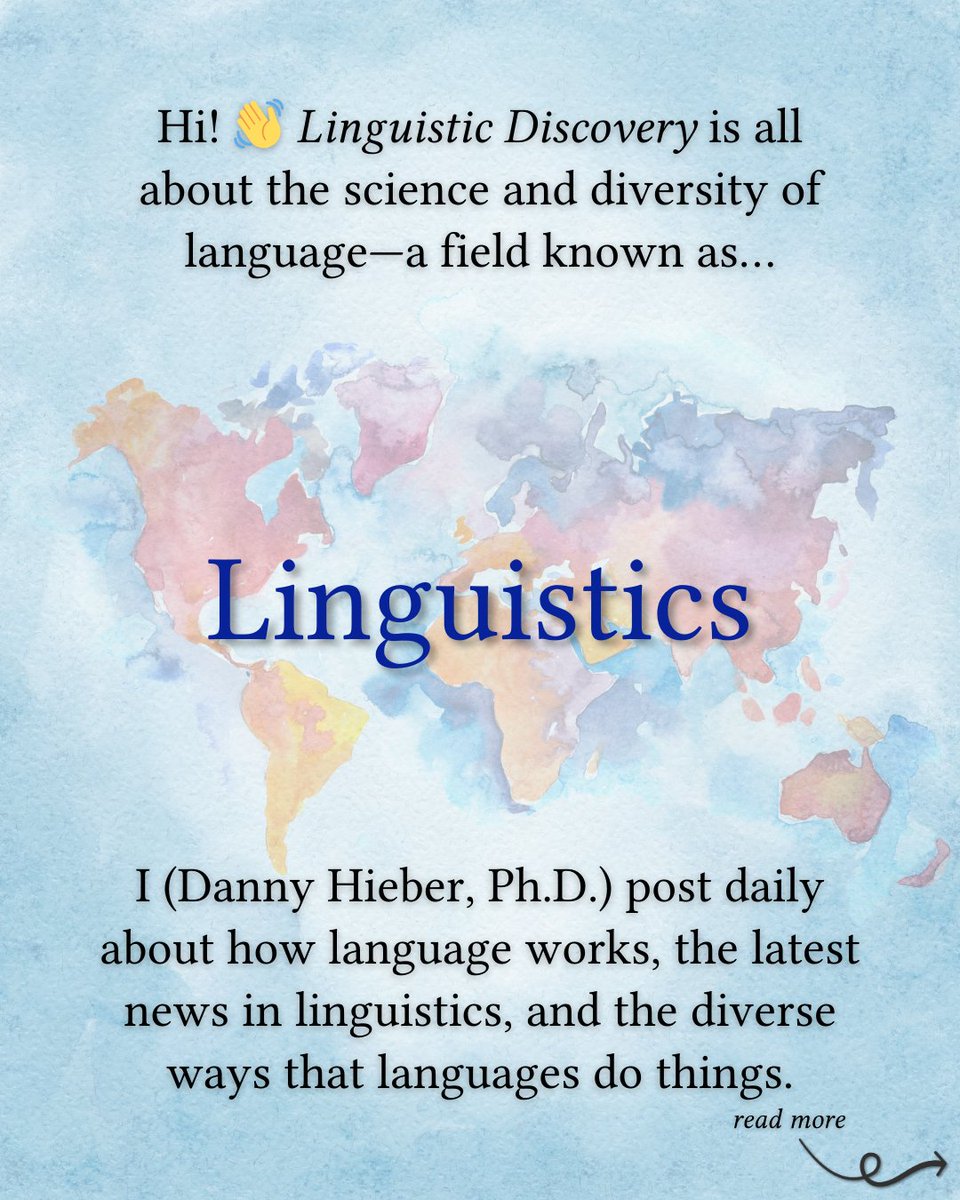 lingdiscovery's tweet image. Hi! 👋 @LingDiscovery is all about the science and diversity of language, a field known as linguistics! 🗣️
I (Danny Hieber, Ph.D. in linguistics) post daily about how language works, the latest science news in linguistics, and the diverse ways that languages do things, with a…