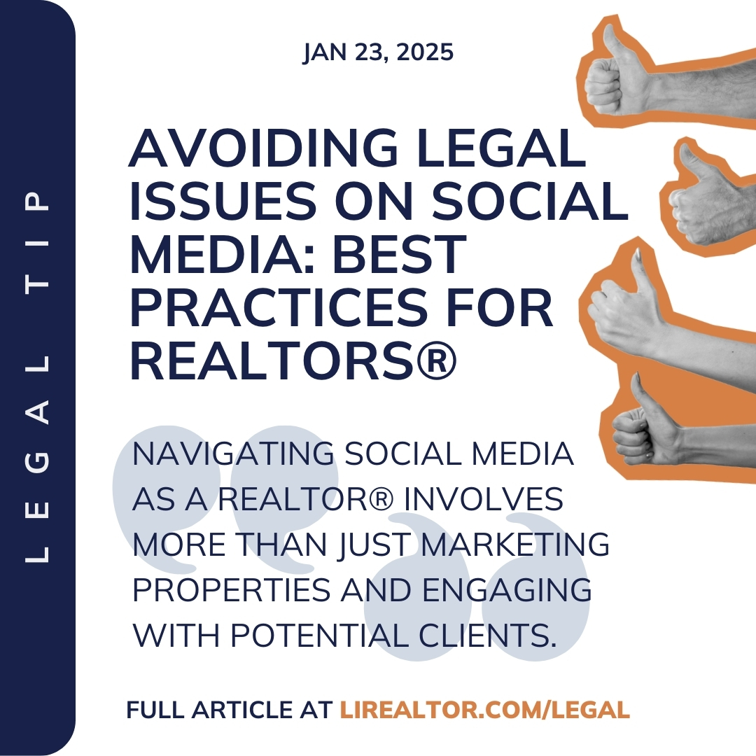 📱⚖️ In this week’s free legal tip, learn about social media best practices as a REALTOR® to avoid legal issues.  View the full legal tip at bit.ly/3WvxCbY #libor #REALTORS #legaltip