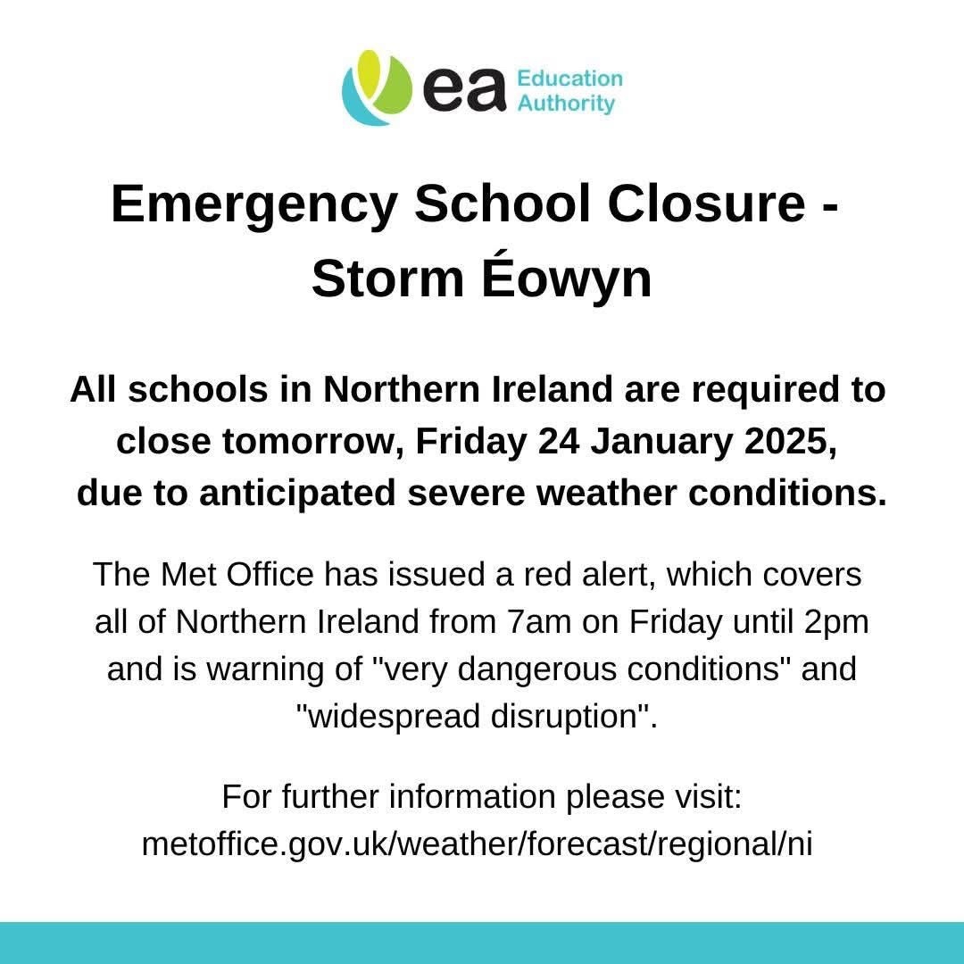 For the first time in History, the Met Office have issued a Red Wind Warning for Northern Ireland. 

All School across NI have been instructed to Close. 

Only travel if your journey is Absolutly essential!