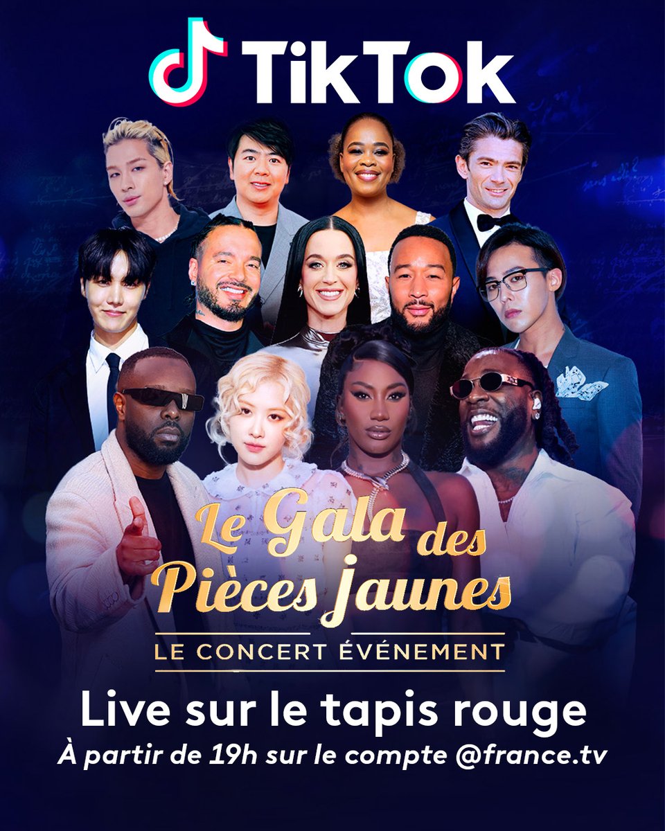 Rosé, j-hope, John Legend, Burna Boy, Gims... Le line-up du #GalaDesPiècesJaunes sera sur le tapis rouge de <a href="/ParisLaDefArena/">Paris La Défense Arena</a> à partir de 19h !

🔴 Retrouvez-nous en live sur notre compte TikTok pour suivre l'arrivée des stars avant le début du concert 👉 tiktok.com/@france.tv