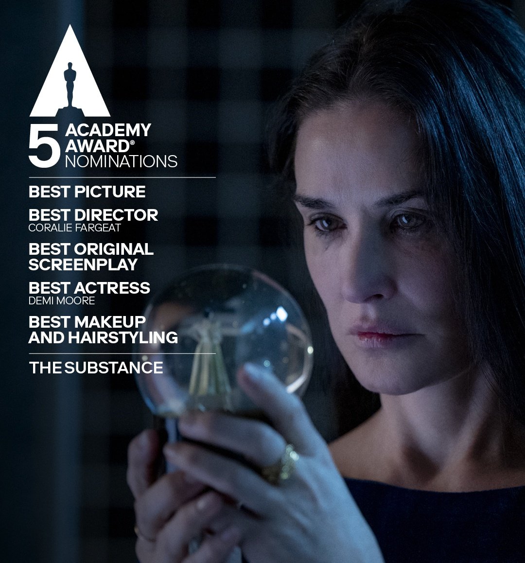 horrorlosers's tweet image. THE SUBSTANCE hace historia en los #Oscar: una película de terror abiertamente gore ha recibido CINCO nominaciones incluyendo Mejor Director para Coralie Fargeat, Mejor Actriz Protagonista  para Demi Moore, mejor guion y la inesperada inclusión en la categoría de MEJOR PELÍCULA.