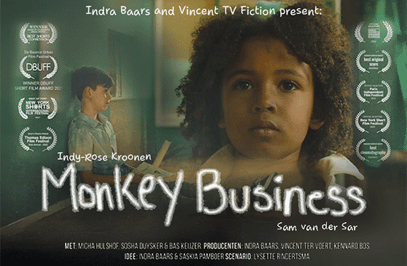 Monkey Business” is an award-winning, short film directed by Everon Jackson Hooi, focusing on the fragility of systemic racism in school settings. The film tells the poignant story of Nila, the only girl of color in her class. When her classmate Rein suggests that Nila play the