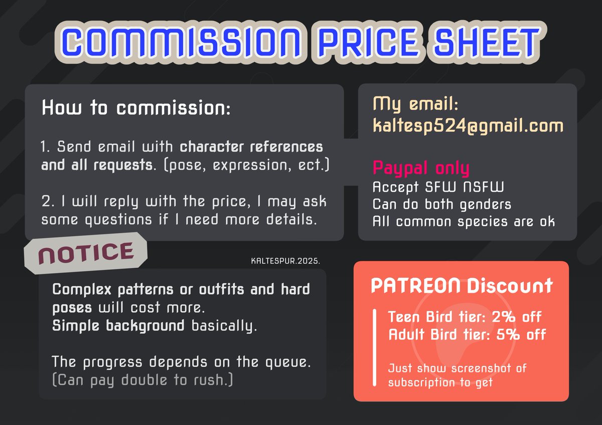 KSP200439's tweet image. +Commissions opening+
Any questionsIf or want other type of commissions➡️PM or Email
(Send here: kalteSP524@gmail.com)
(Com sheet update)