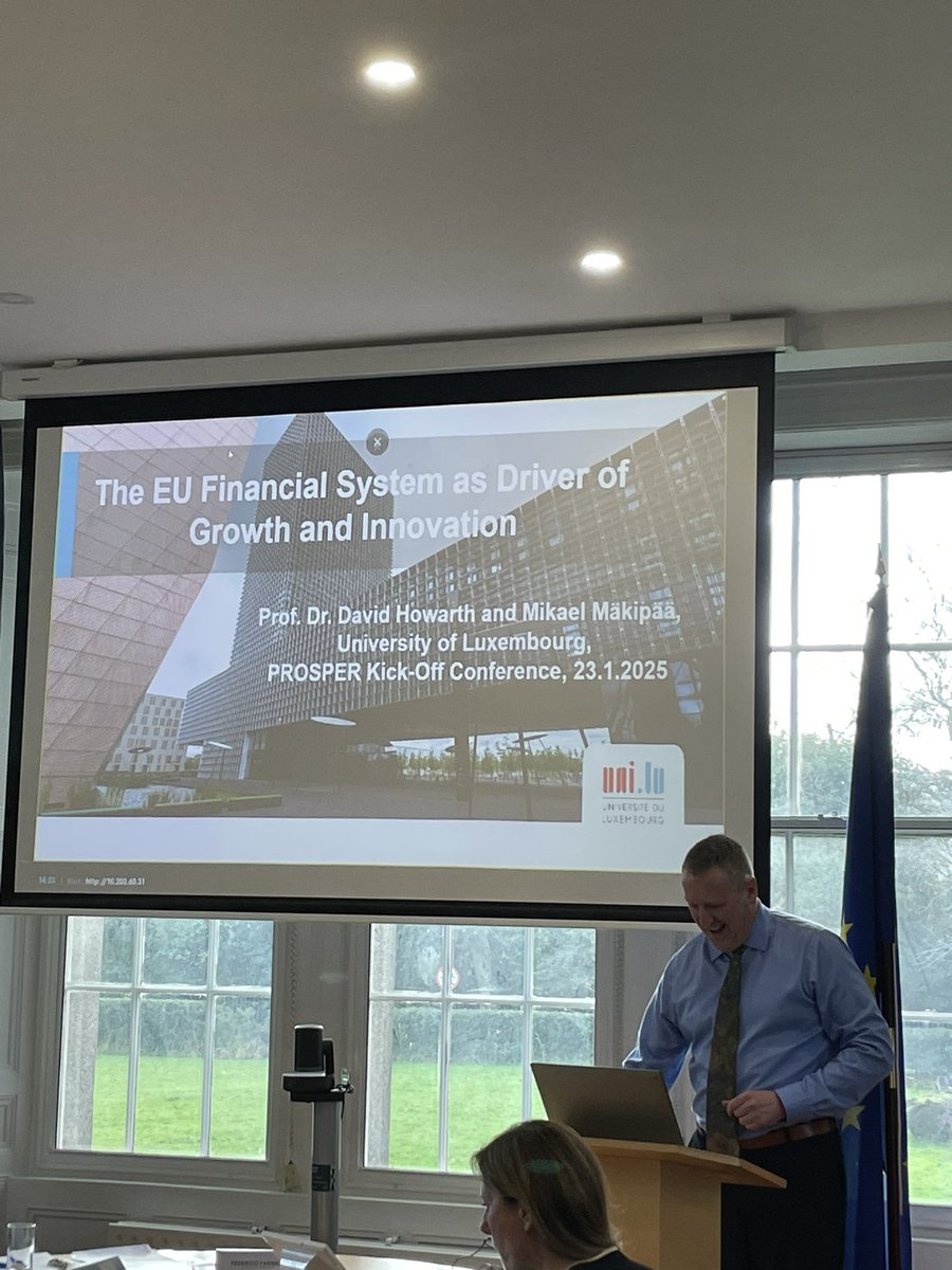 DCU_Brexit_Inst's tweet photo. Prof. David Howarth (University of Luxembourg) takes the floor with ‘The EU Financial System as Driver of Growth and Innovation’. 

#JeanMonnetNetwork #PROSPER https://t.co/yts1qVMzBx