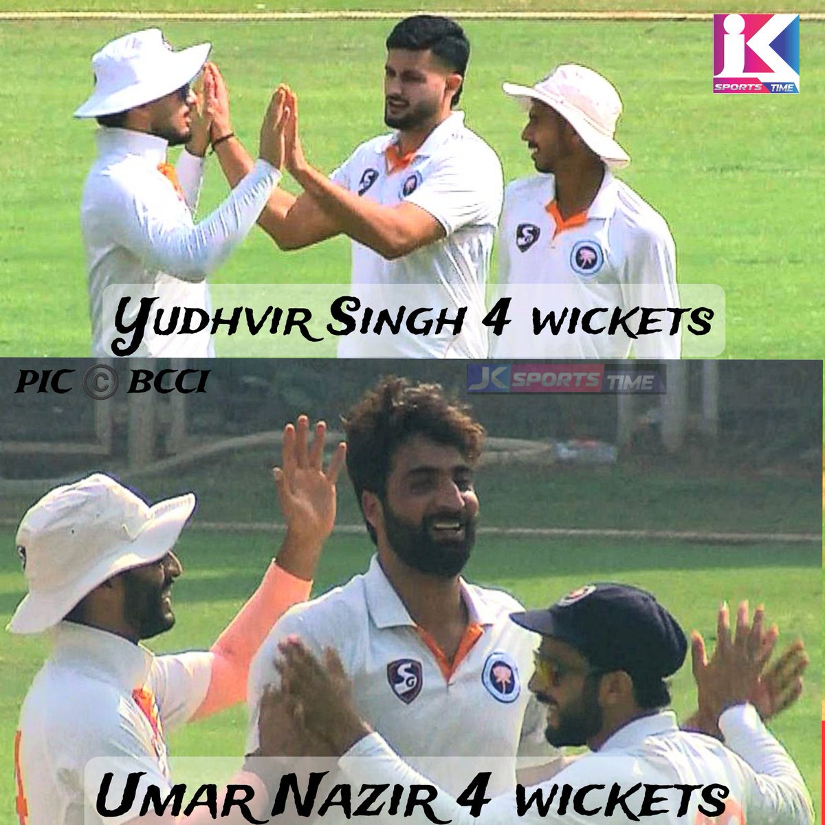 Ranji Trophy:
Mumbai 120/10
J&amp;K 174/7.
Umer Nazir and Yudhvir took 4 wickets each for J&amp;K.