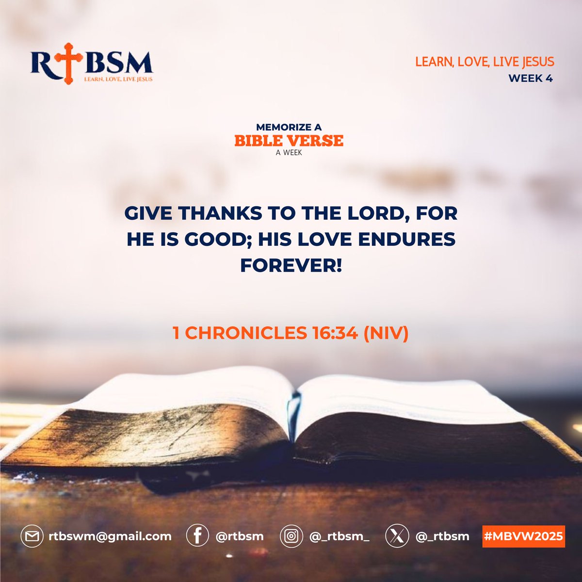 _RTBSM's tweet photo. IT’S MBVW TIME, RTBSM FAMILY🤩✨
Let's memorize together!
Today's verse admonishes us to always be thankful to God because He is good and His love endures forever❤️🤗

#MBVW
#theLordisgood
#theLordislove
#iamthankfultoGod
#rtbsm
#learnliveloveJesus https://t.co/CyRBtIEMFE