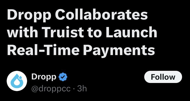 🚨 THIS IS SO HUGE FOR $HBAR!!! 🤯 

Dropp (built on Hedera) just partnered with Truist, one of the BIGGEST commercial banks in the US, to launch REAL TIME PAYMENTS!!! 🚀 

DROPP is a micropayments platform that is ALSO integrated into FedNow, the U.S. Federal Reserve's instant