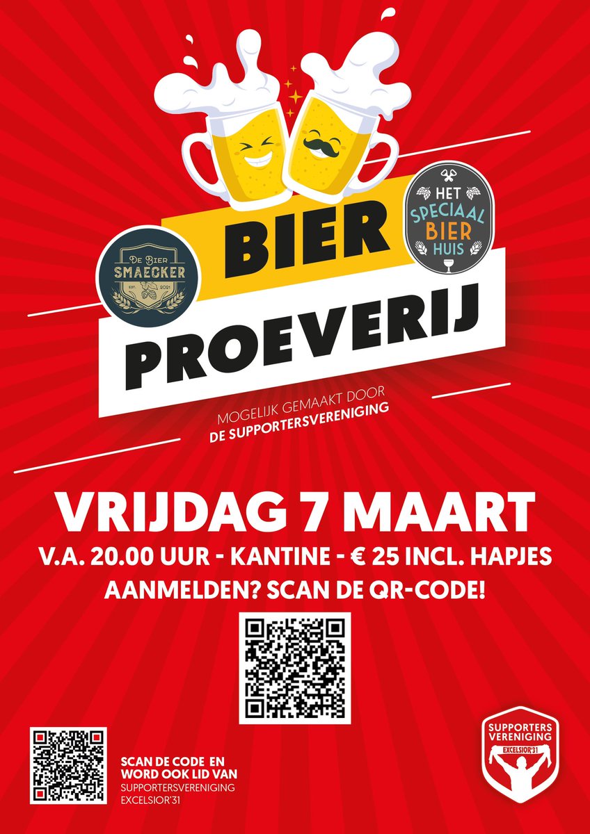 SVExcelsior31's tweet photo. Vrijdag 7 maart organiseert de Supportersvereniging een bierproeverij in de kantine (Niet leden zijn ook van harte welkom). Meld je nu aan voor een  gezellige avond met de lekkerste bieren! Wil je als team/ groep een tafel reserveren? Stuur dan even een appje naar 06-24698405 https://t.co/6sClkvluuu