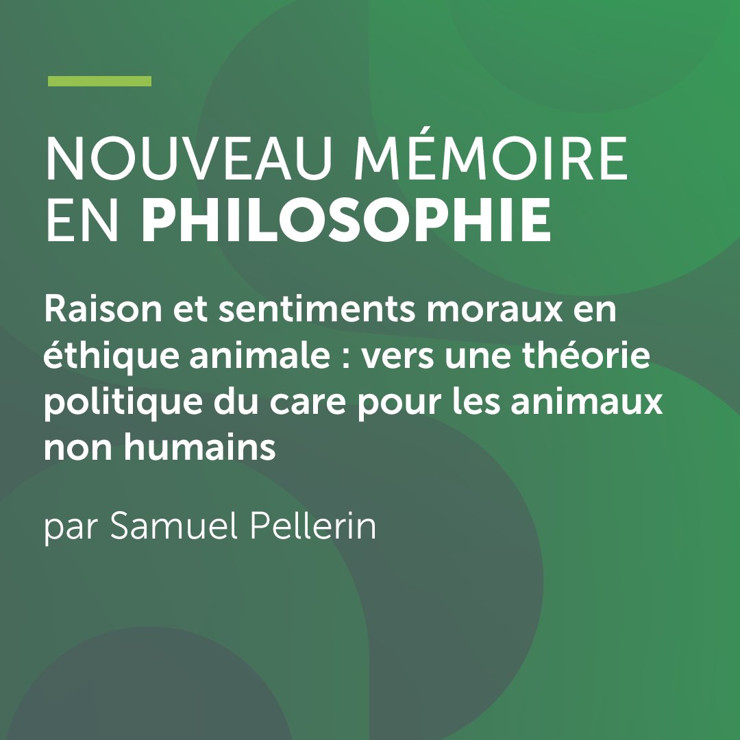 Raison et sentiments moraux en #éthique animale: vers une théorie #politique du #care pour les #animaux non humains bit.ly/4hprfiM Mémoire en #philosophie de Samuel Pellerin, sous la dir. de Pre Marie-Hélène Desmeules #soin #JoanTronto #rechercheUdeS