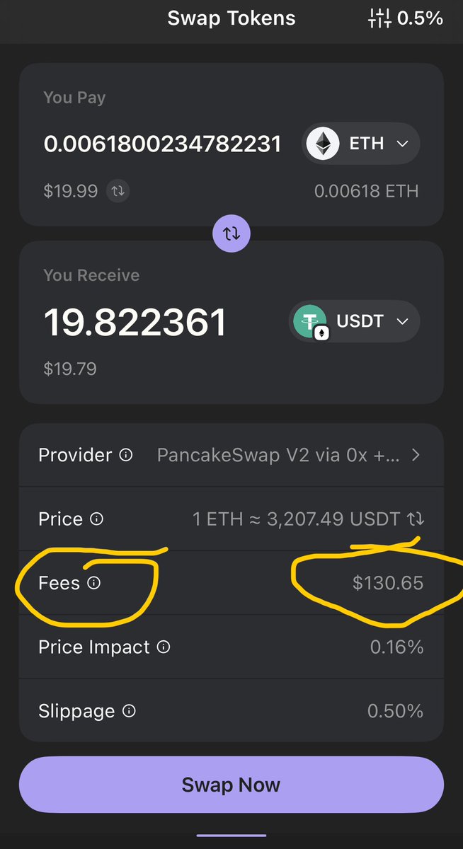 kordas83's tweet photo. @louisraskin To convert 20$ worth of ETH to USDT it asks for 130$ fees 🤣🤣🤣 https://t.co/YKeGKk1So9