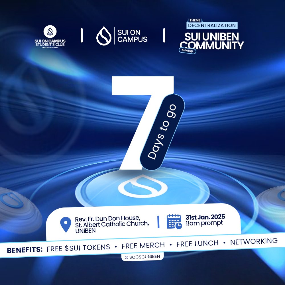 socscuniben's tweet photo. 7 days left!!

 Sui Uniben is holding her first Community Meetup and you dont want to miss it

Haven't registered yet? 
Register now👇
https://t.co/DwWIyI8T5L

#Sui #SuiNaija #SuiOnCampus #SOCSCUnibenMeetup https://t.co/rotGsNGEUH